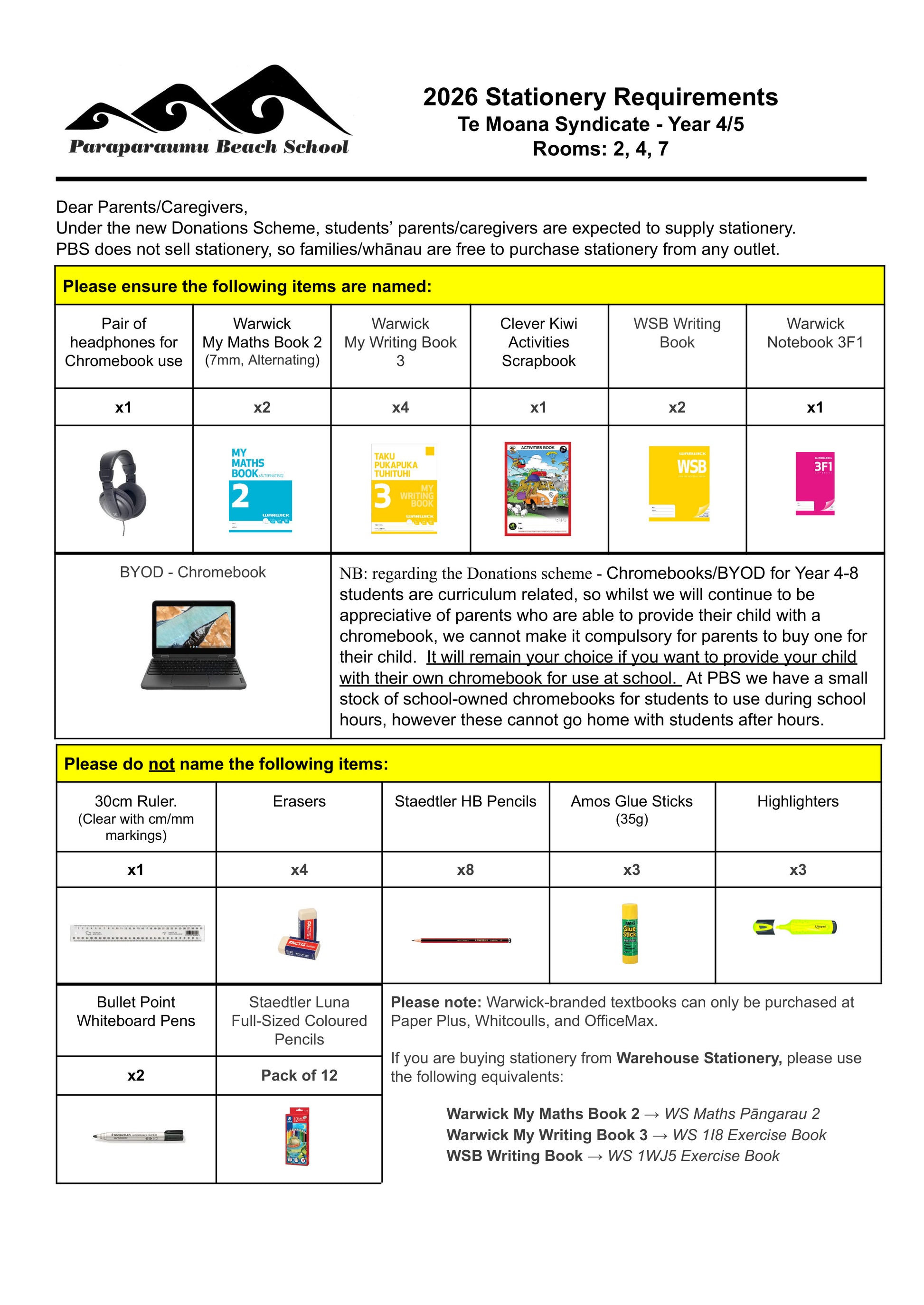Paraparaumu Beach School Stationery List Year 4 & 5 – 2026 Rooms 2, 4 & 7