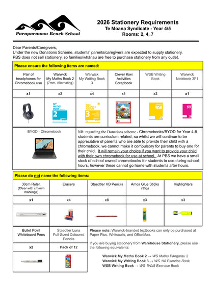 Paraparaumu Beach School Stationery List Year 4 & 5 – 2026 Rooms 2, 4 & 7