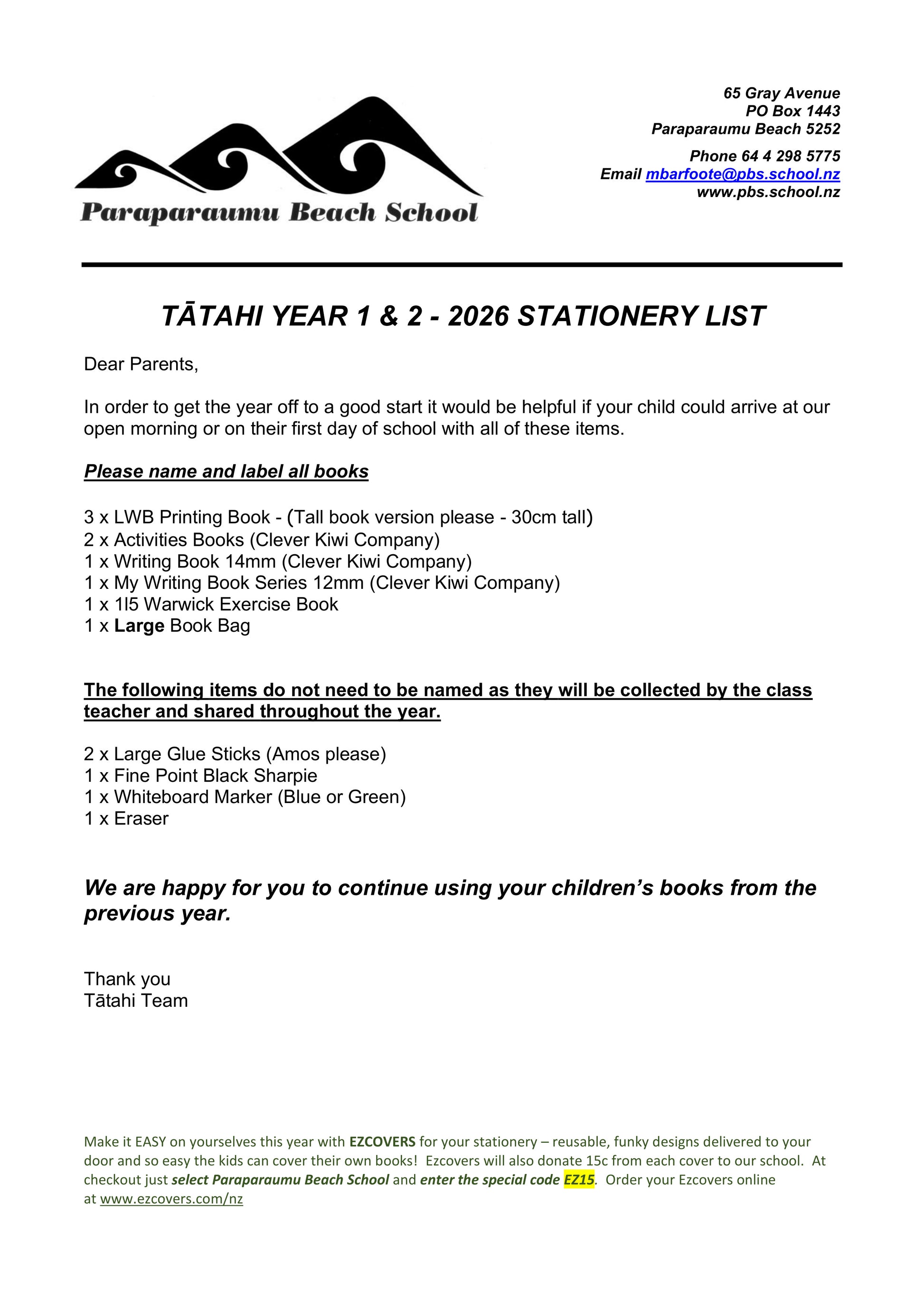 Paraparaumu Beach School Stationery List Year 1 & 2 – 2026