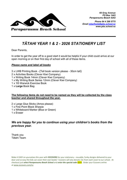 Paraparaumu Beach School Stationery List Year 1 & 2 – 2026