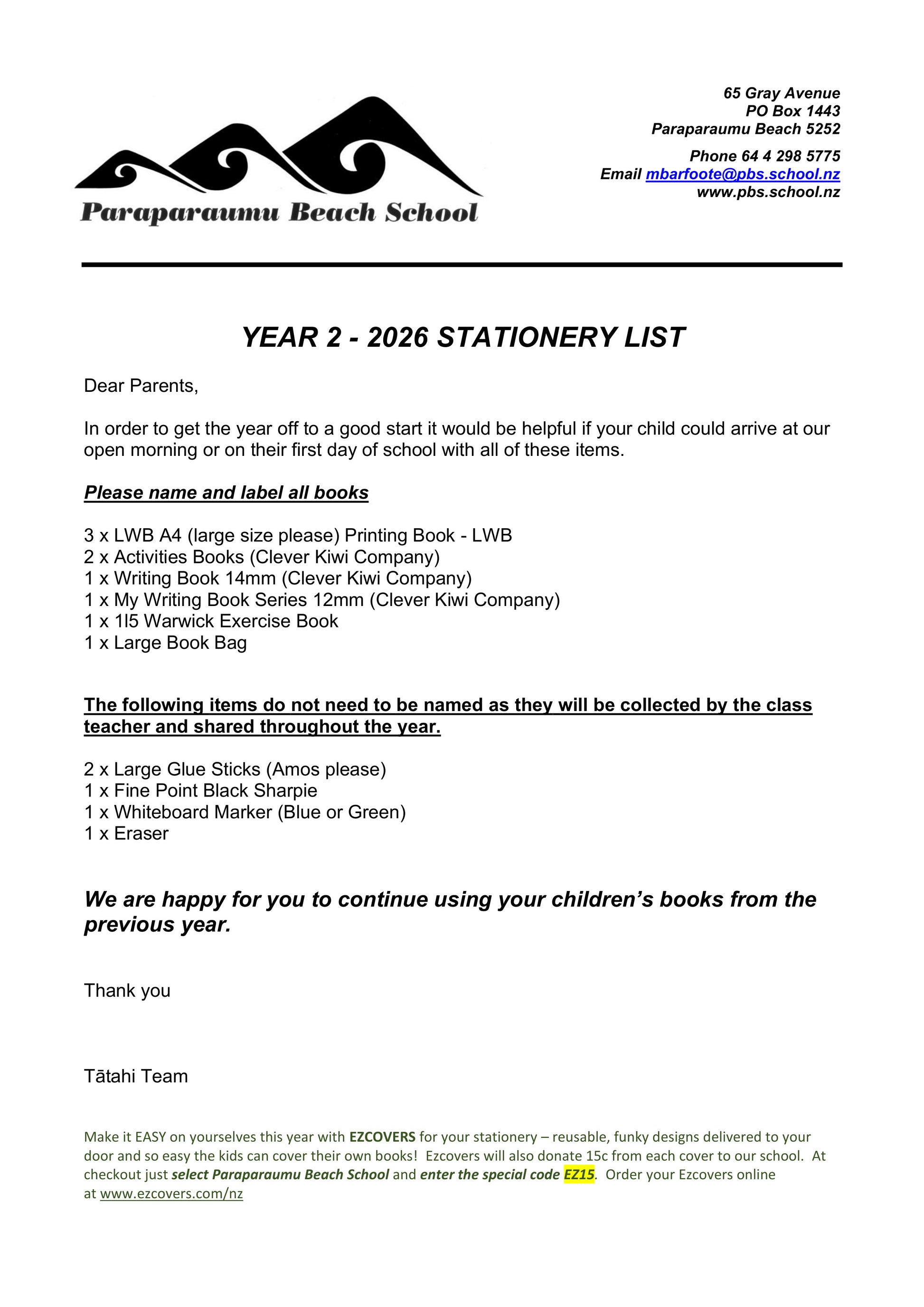 Paraparaumu Beach School Stationery List Year 2 – 2026