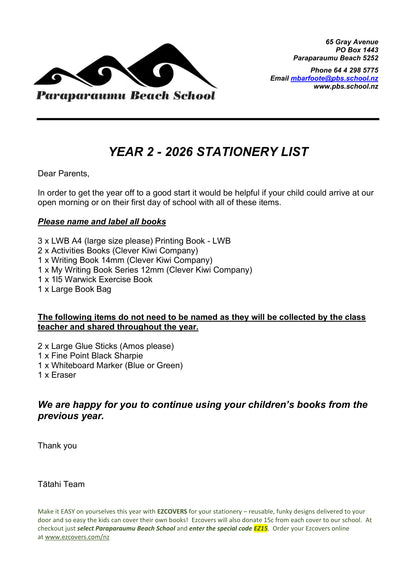 Paraparaumu Beach School Stationery List Year 2 – 2026