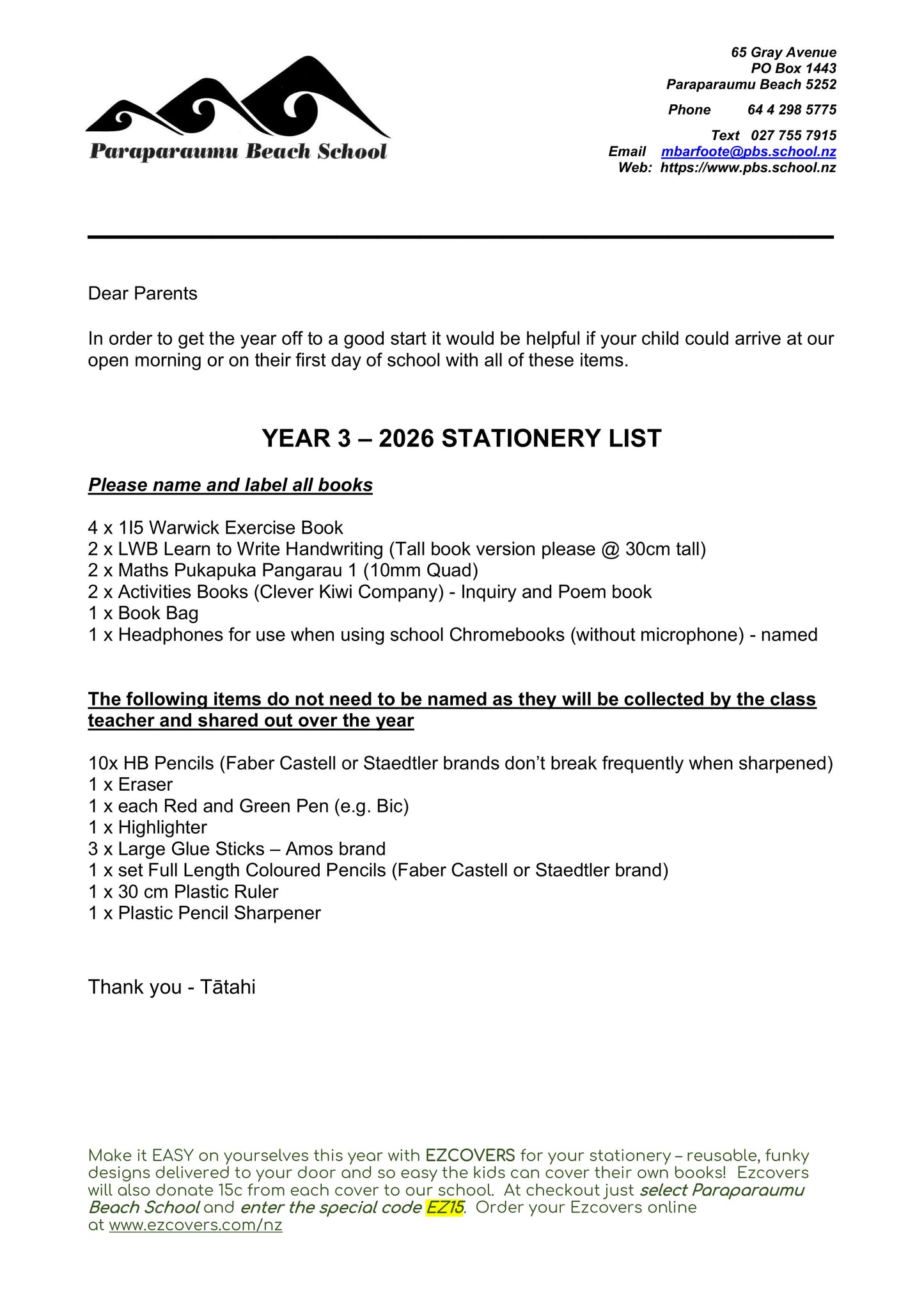 Paraparaumu Beach School Stationery List Year 3 – 2026