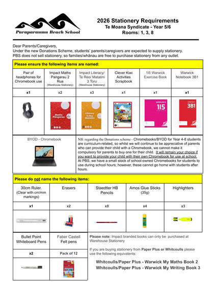 Paraparaumu Beach School Stationery List Year 5 & 6 – 2026