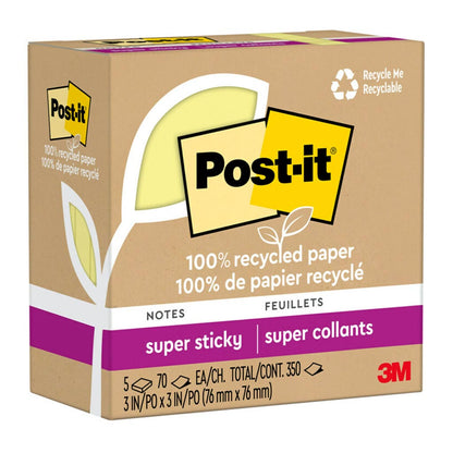 Post-it 100% Recycled Super Sticky Notes 654R-5SSCY 76x76mm Yellow 70 Sheets