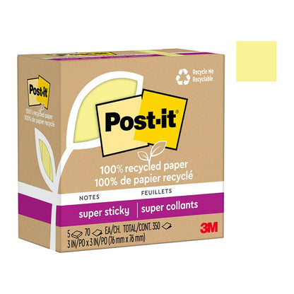Post-it 100% Recycled Super Sticky Notes 654R-5SSCY 76x76mm Yellow 70 Sheets