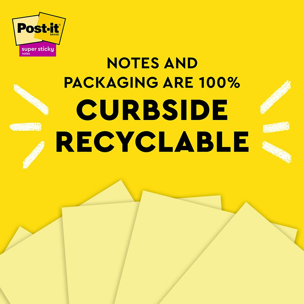 Post-it 100% Recycled Super Sticky Notes 654R-5SSCY 76x76mm Yellow 70 Sheets