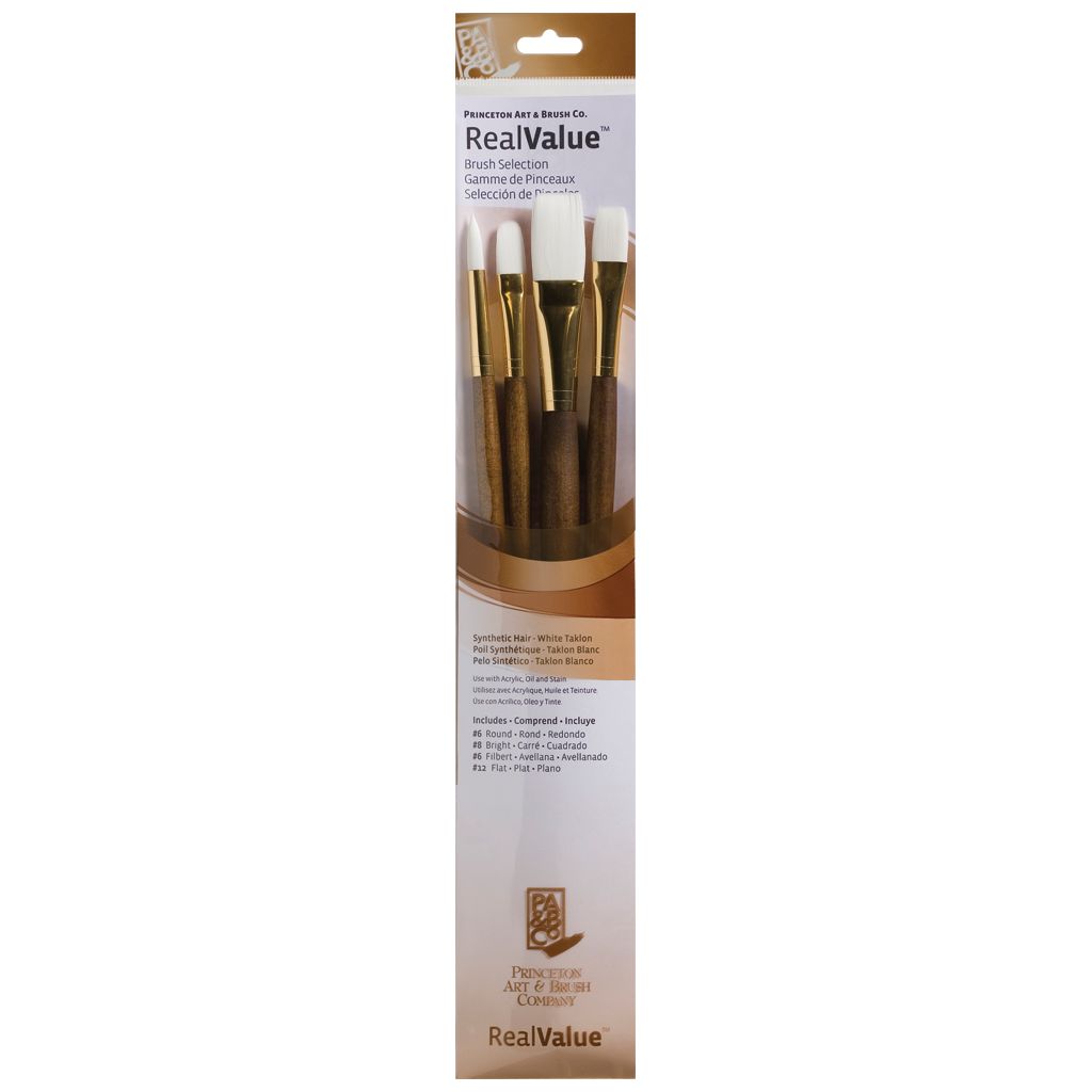 Princeton Real Value White Taklon Brush Synthetic Hair Long Handle Set of 4 - Round 6, Filbert 6, Bright 8, Flat 12
