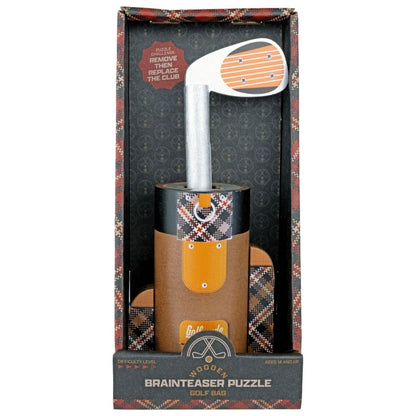 Project Genius Golf Bag Puzzle metal brain teaser featuring a golf club that must be twisted through a hidden maze inside a golf bag