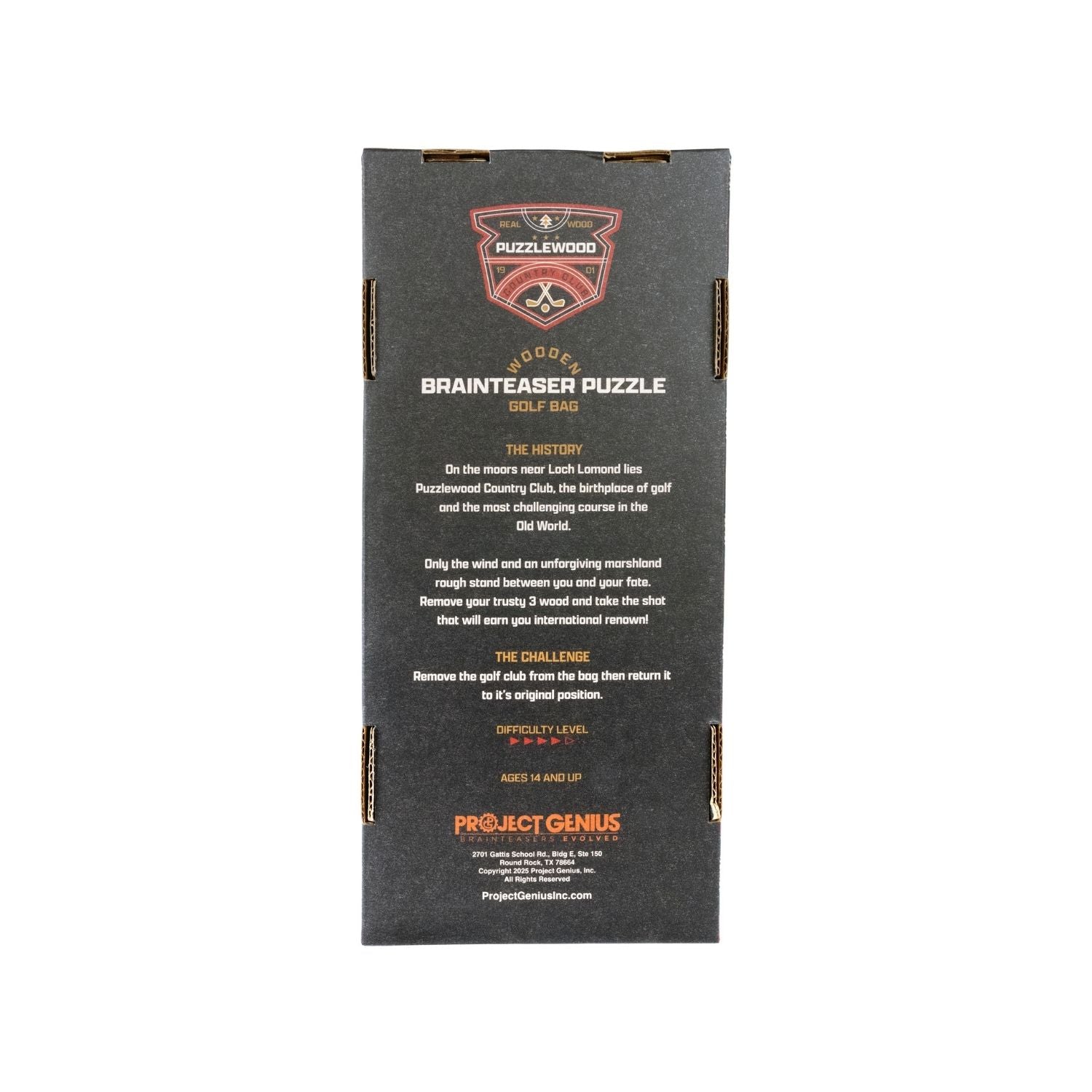 Project Genius Golf Bag Puzzle metal brain teaser featuring a golf club that must be twisted through a hidden maze inside a golf bag