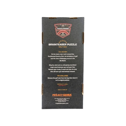 Project Genius Golf Bag Puzzle metal brain teaser featuring a golf club that must be twisted through a hidden maze inside a golf bag