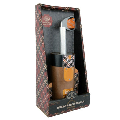 Project Genius Golf Bag Puzzle metal brain teaser featuring a golf club that must be twisted through a hidden maze inside a golf bag