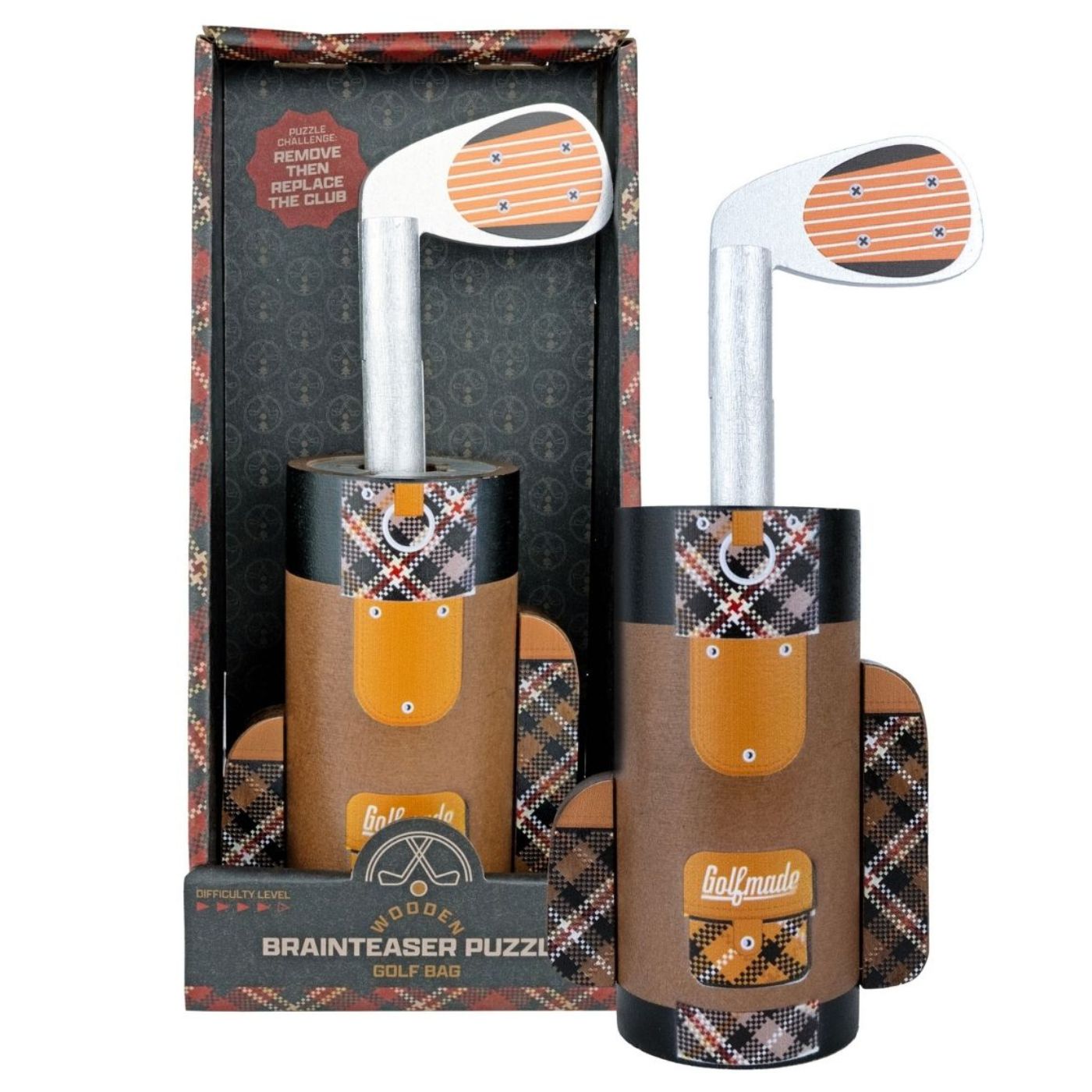 Project Genius Golf Bag Puzzle metal brain teaser featuring a golf club that must be twisted through a hidden maze inside a golf bag