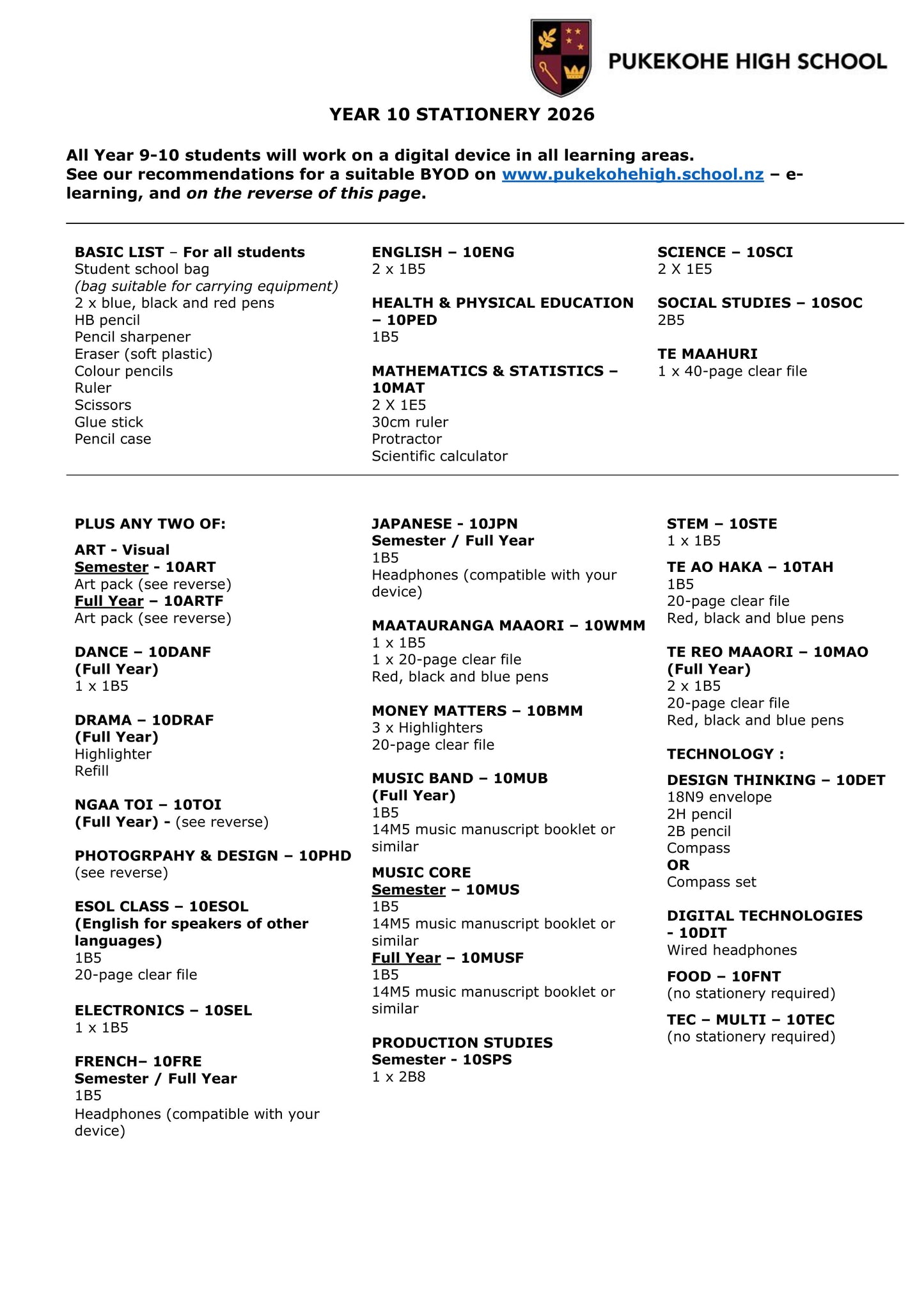 Pukekohe High School Stationery List 2026 Year 10