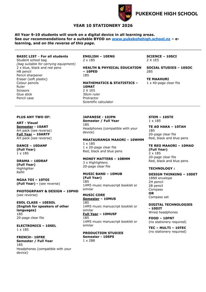 Pukekohe High School Stationery List 2026 Year 10
