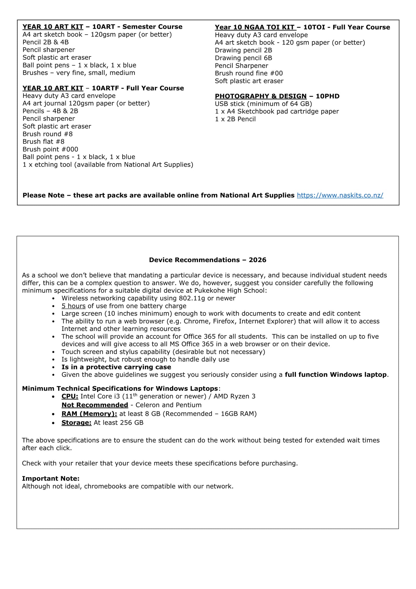 Pukekohe High School Stationery List 2026 Year 10