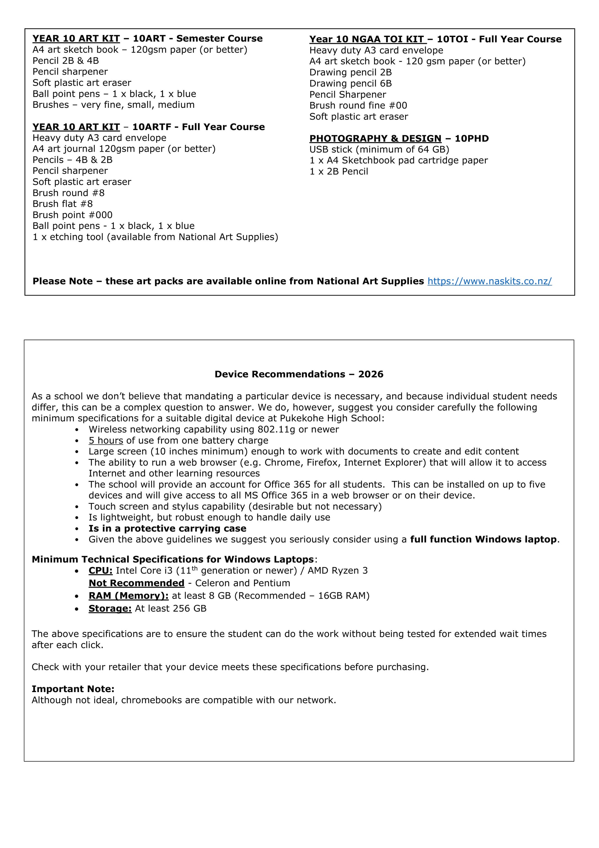 Pukekohe High School Stationery List 2026 Year 10