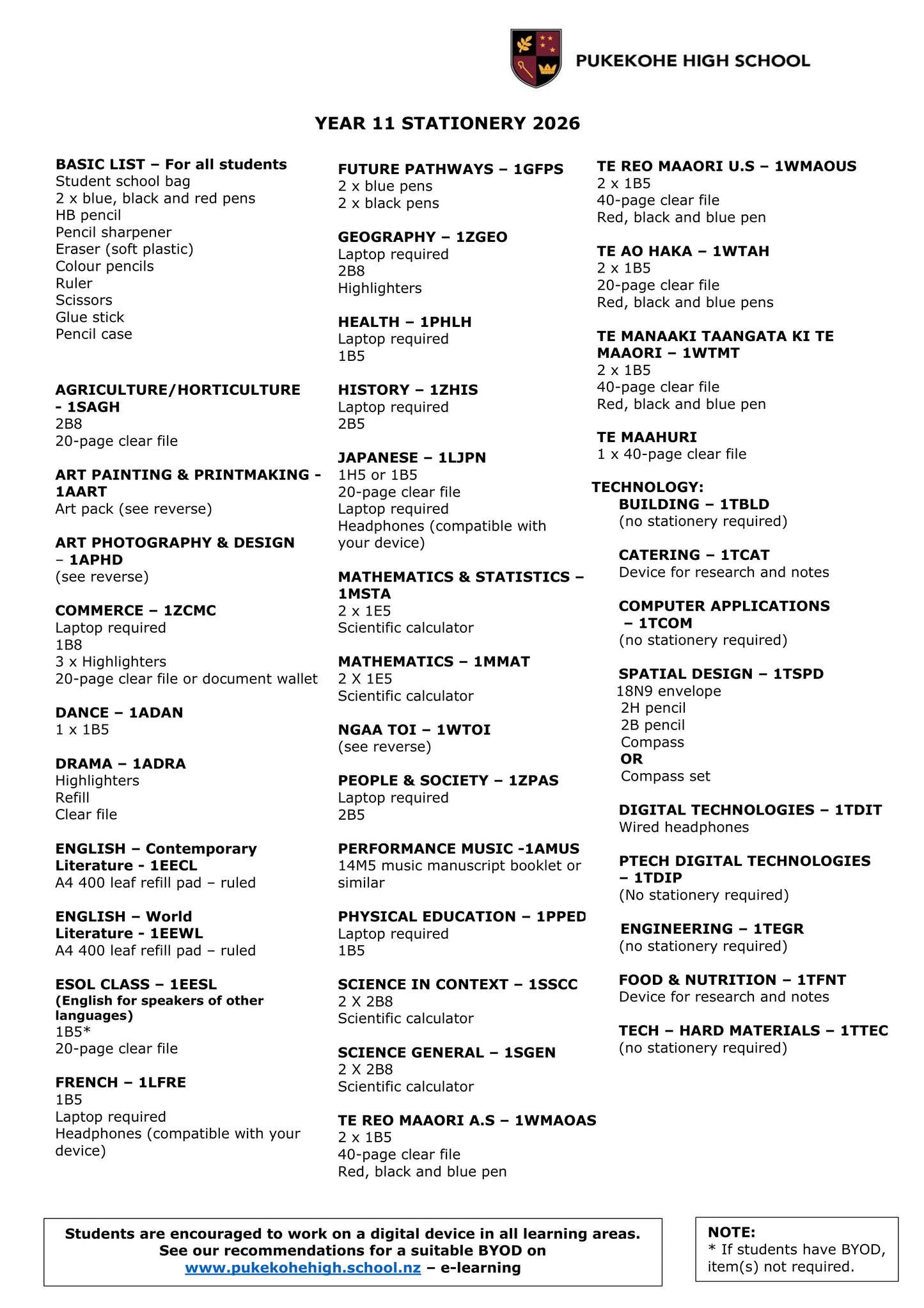 Pukekohe High School Stationery List 2026 Year 11