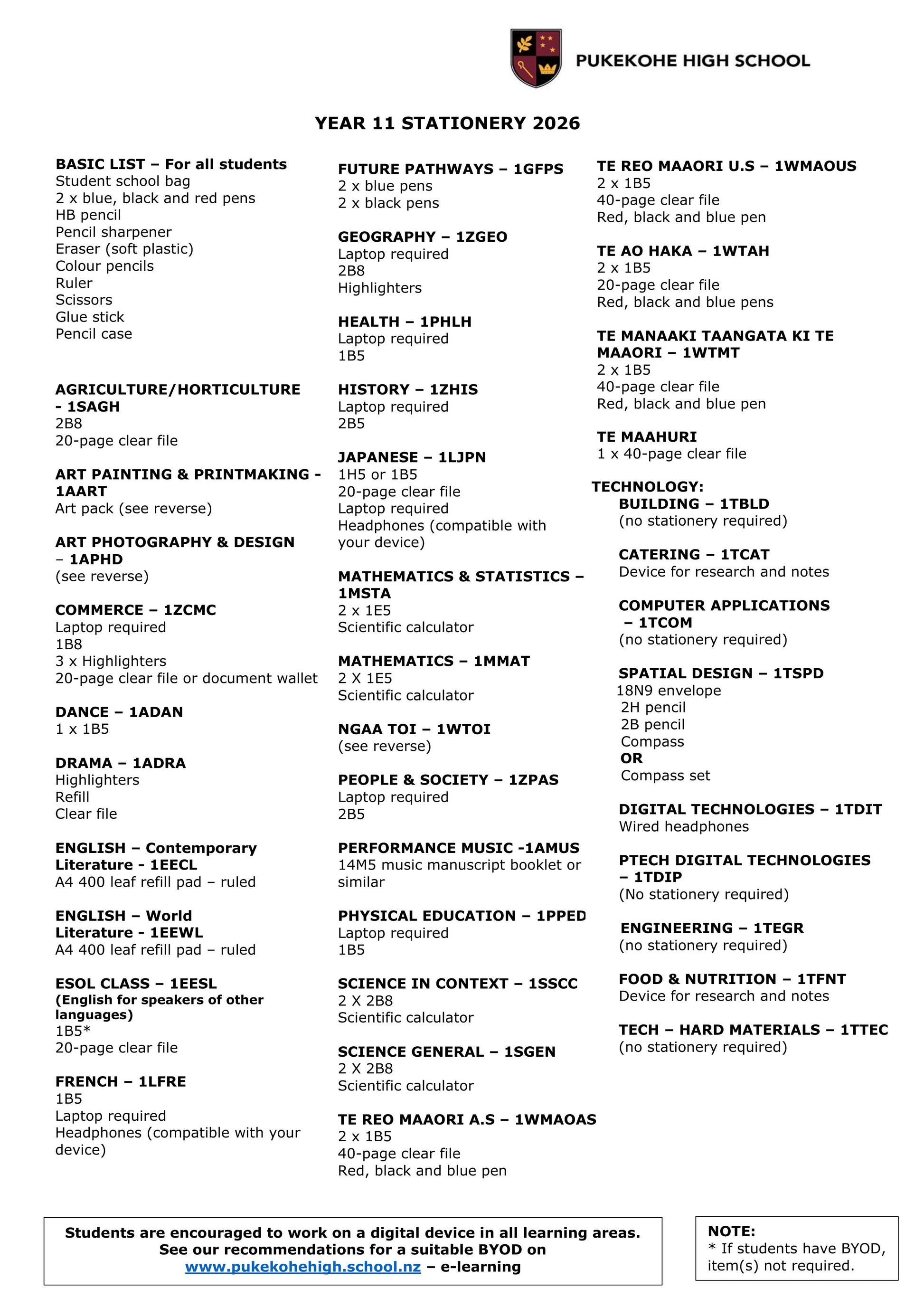Pukekohe High School Stationery List 2026 Year 11