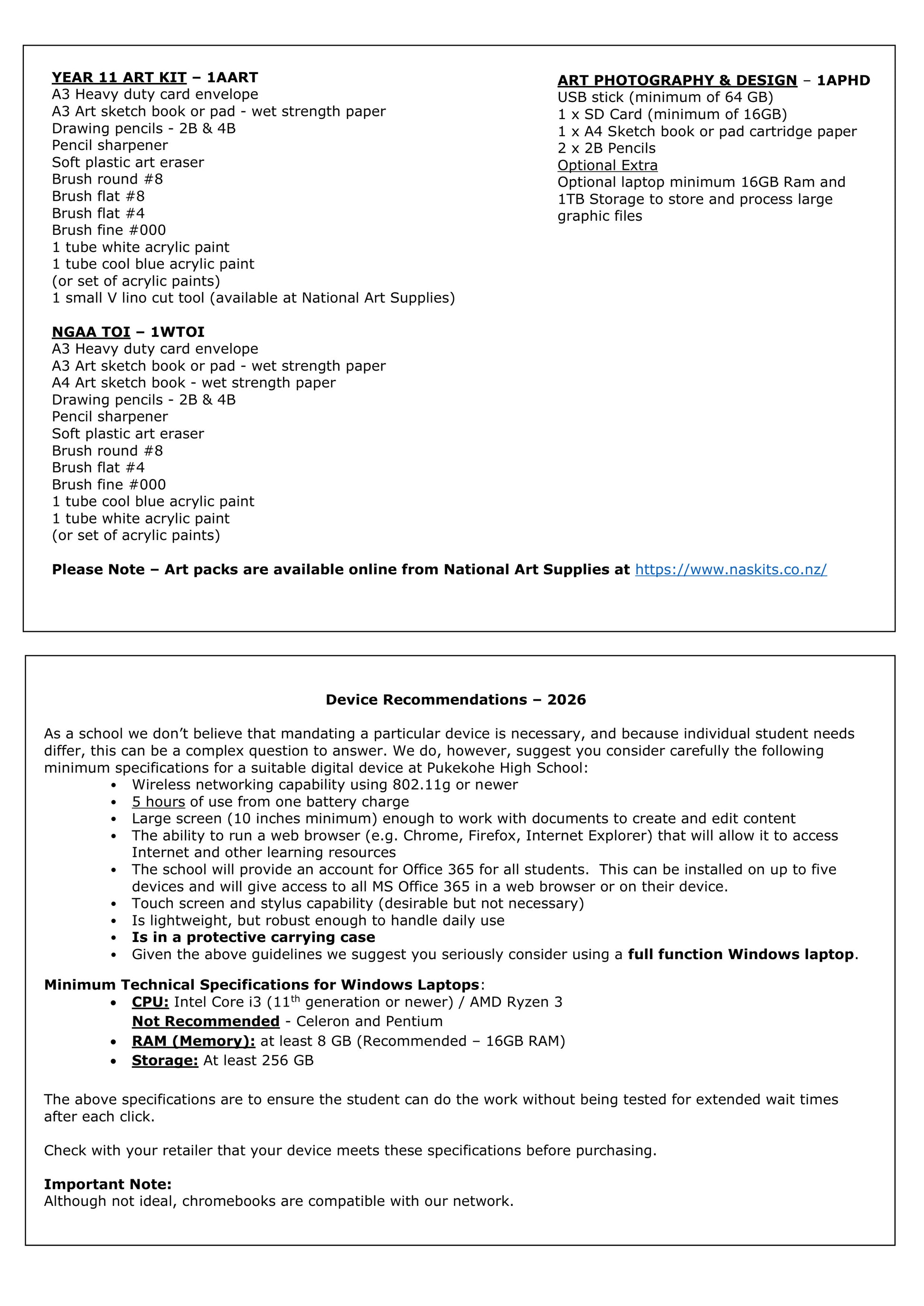 Pukekohe High School Stationery List 2026 Year 11