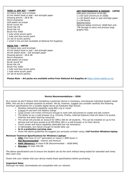 Pukekohe High School Stationery List 2026 Year 11