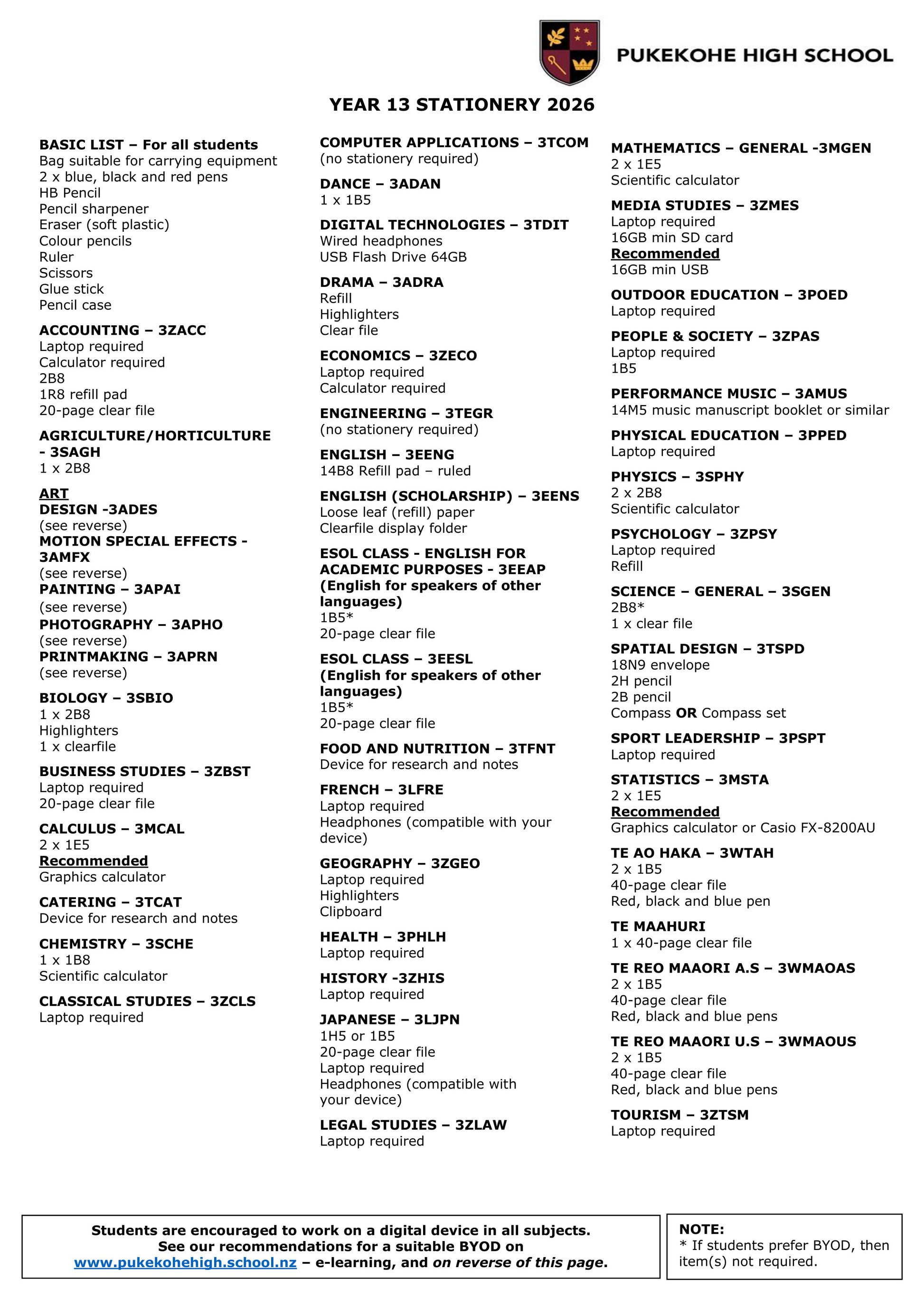 Pukekohe High School Stationery List 2026 Year 13