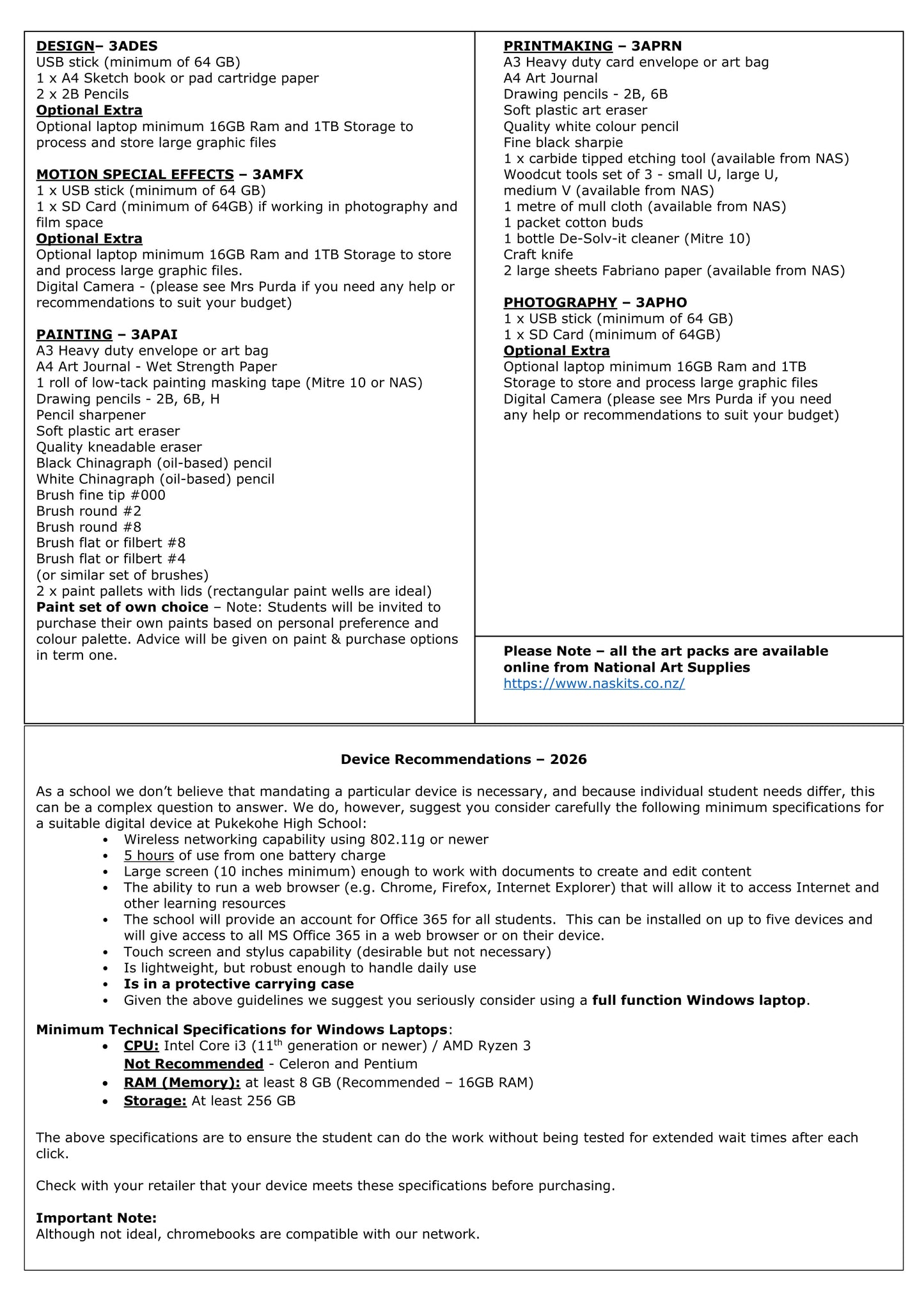 Pukekohe High School Stationery List 2026 Year 13