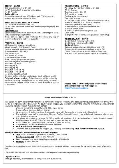 Pukekohe High School Stationery List 2026 Year 13