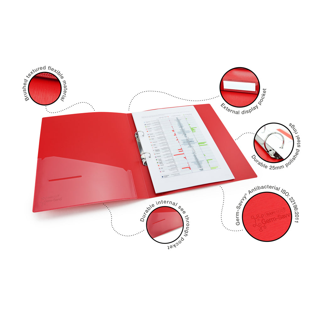 Rapesco Germ-Savvy Antibacterial A4 PP Ring Binder 2/25 Red