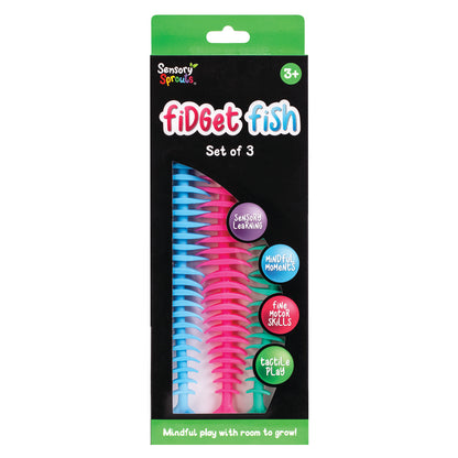 Sensory Sprouts Fidget Fish Set of 3 colourful stretchable sensory fidget toys for children.