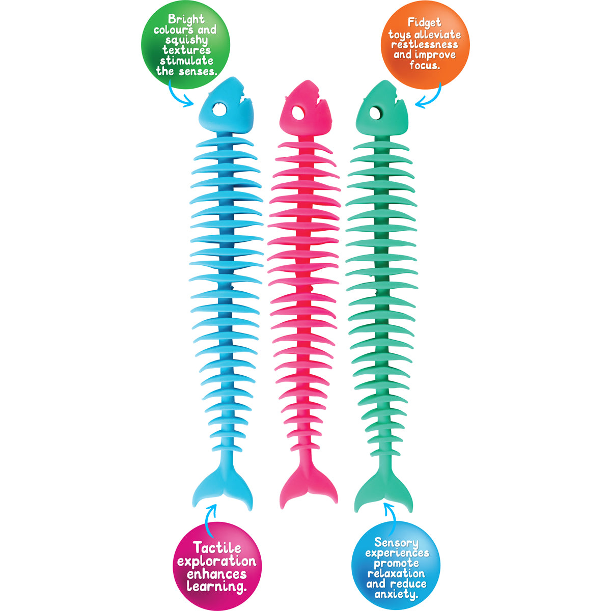 Sensory Sprouts Fidget Fish Set of 3 colourful stretchable sensory fidget toys for children.