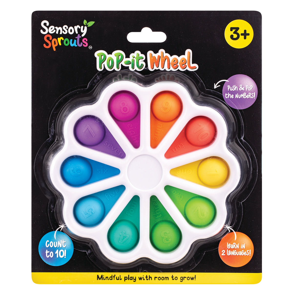 Sensory Sprouts Pop-It Wheel bilingual English and Spanish number fidget toy with colourful flower-shaped popping bubbles for sensory play and early learning.