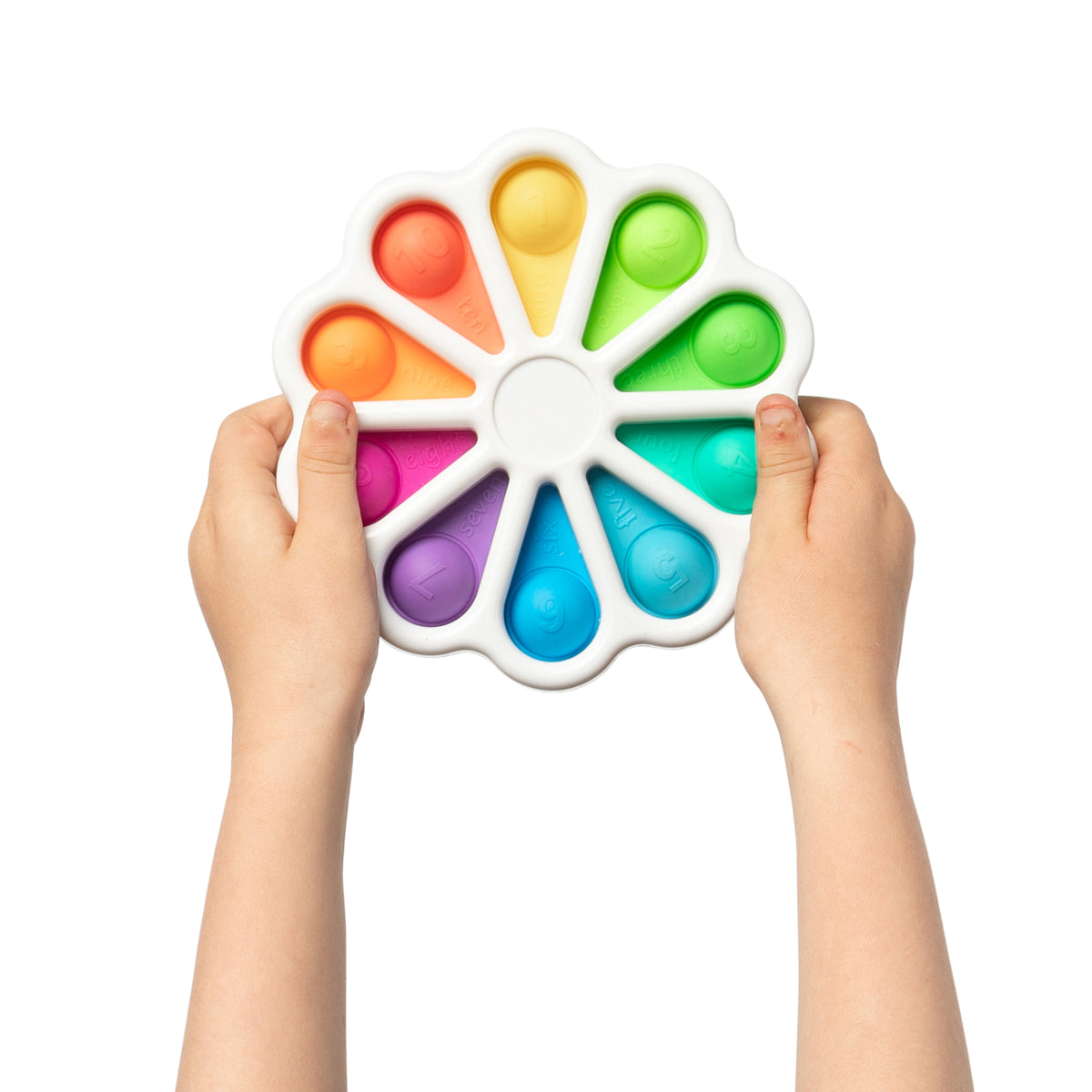 Sensory Sprouts Pop-It Wheel bilingual English and Spanish number fidget toy with colourful flower-shaped popping bubbles for sensory play and early learning.
