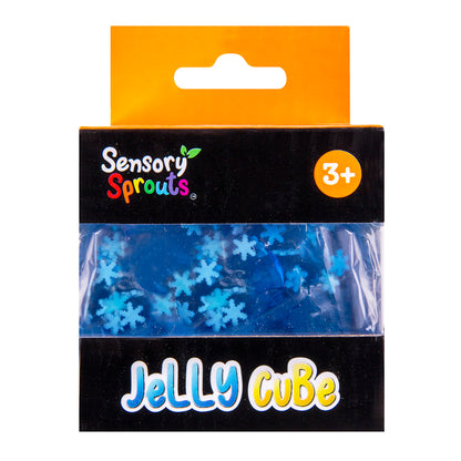 Sensory Sprouts Snowflake Jelly Cube blue squishy sensory fidget toy filled with floating snowflakes for tactile play, stress relief and sensory exploration.