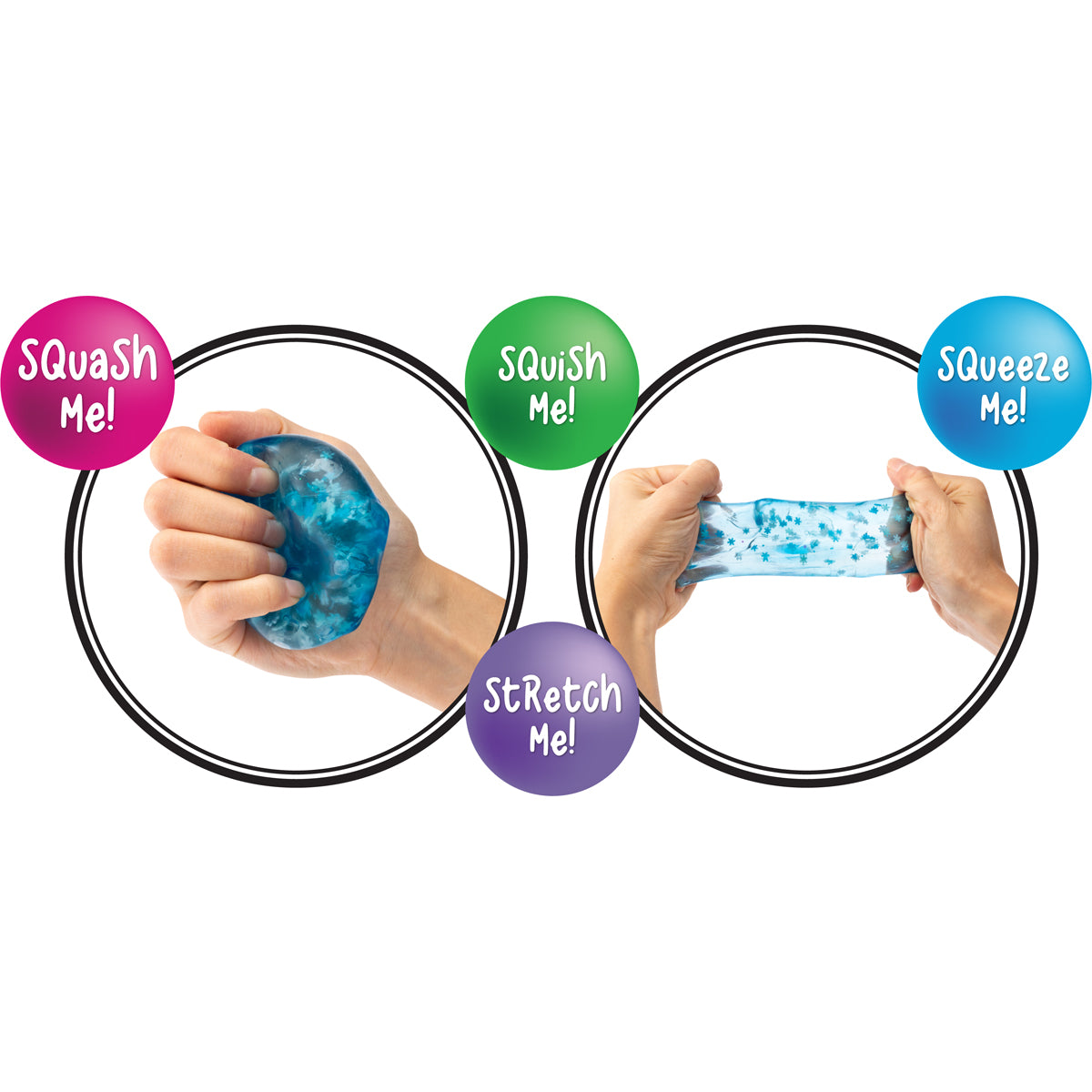 Sensory Sprouts Snowflake Jelly Cube blue squishy sensory fidget toy filled with floating snowflakes for tactile play, stress relief and sensory exploration.