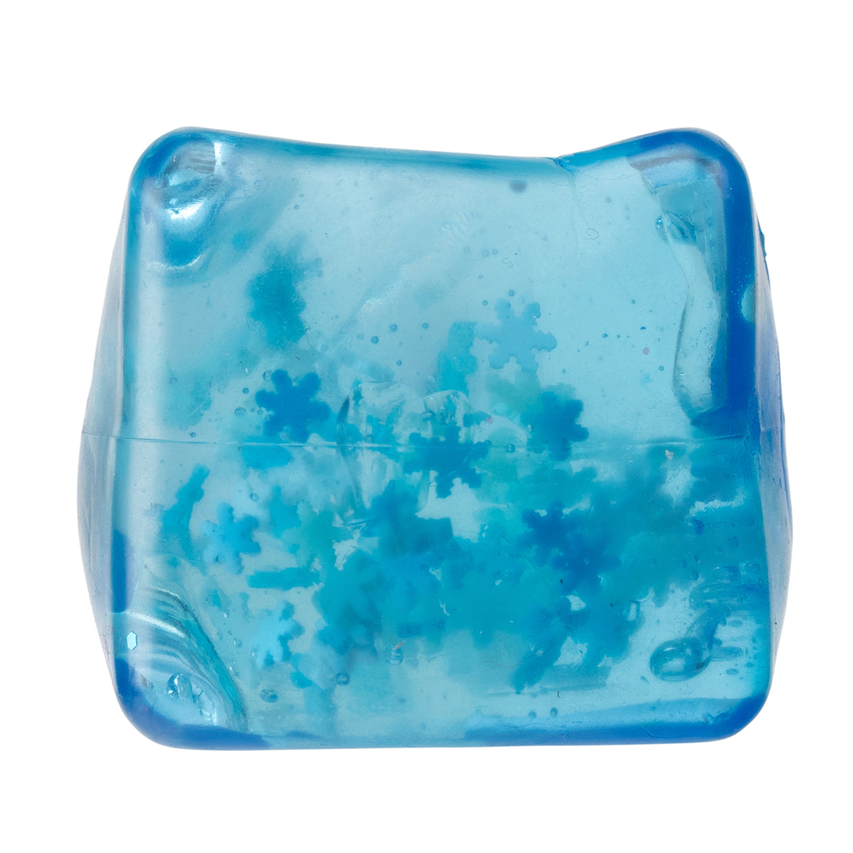 Sensory Sprouts Snowflake Jelly Cube blue squishy sensory fidget toy filled with floating snowflakes for tactile play, stress relief and sensory exploration.