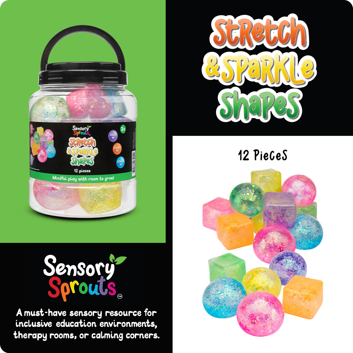 Sensory Sprouts Stretch & Sparkle Shapes Jar of 12 – Sparkly Sensory Fun!