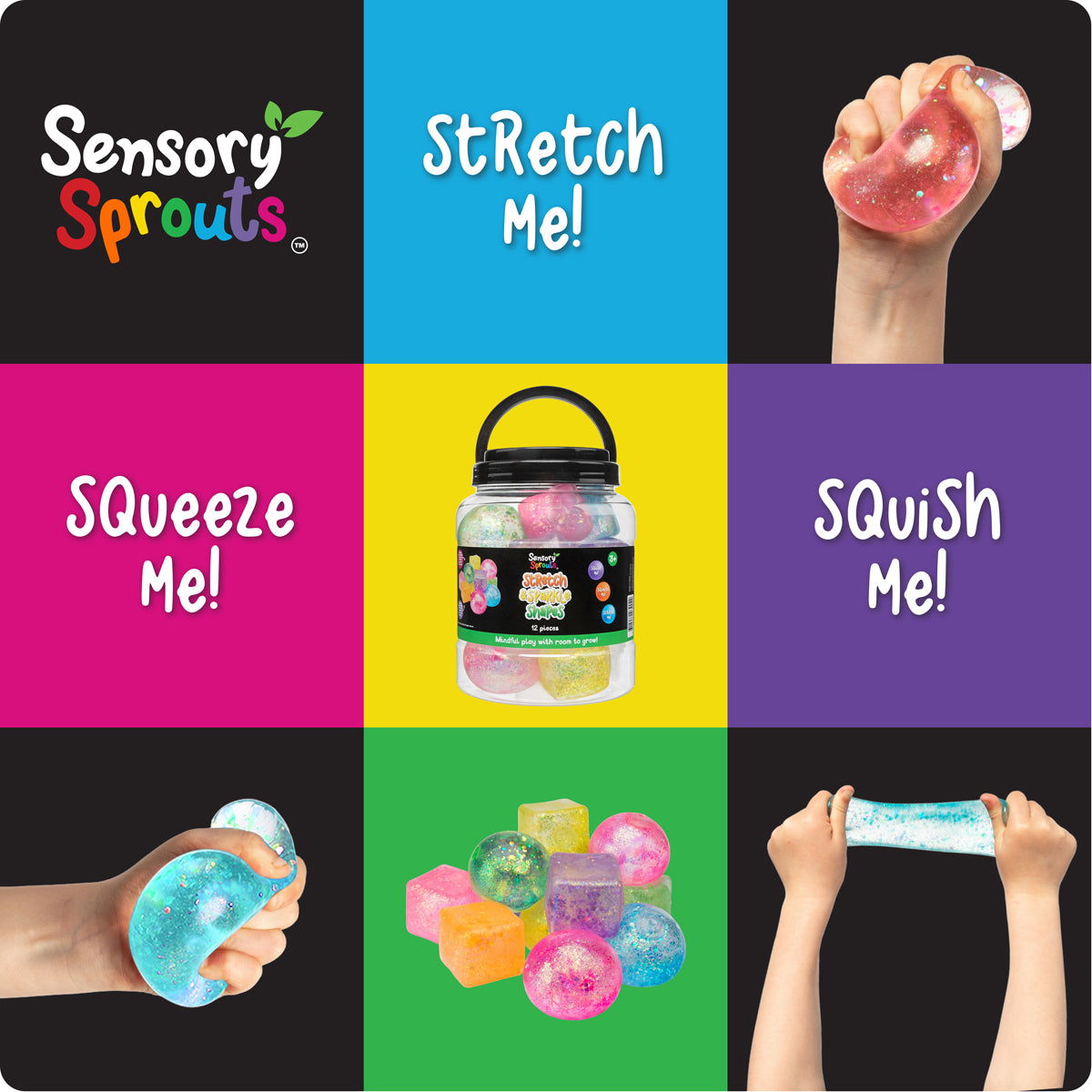 Sensory Sprouts Stretch & Sparkle Shapes Jar of 12 – Sparkly Sensory Fun!