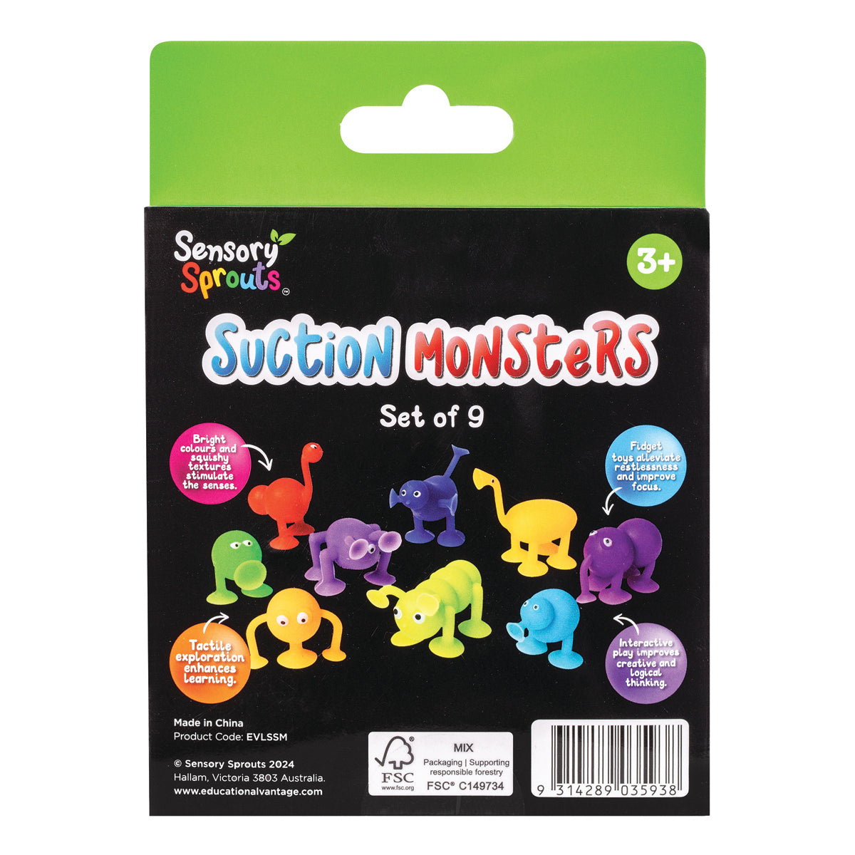 Sensory Sprouts Suction Monsters Set of 9 colourful silicone suction-cup creatures for sensory play, creative building, fine motor development and classroom learning.