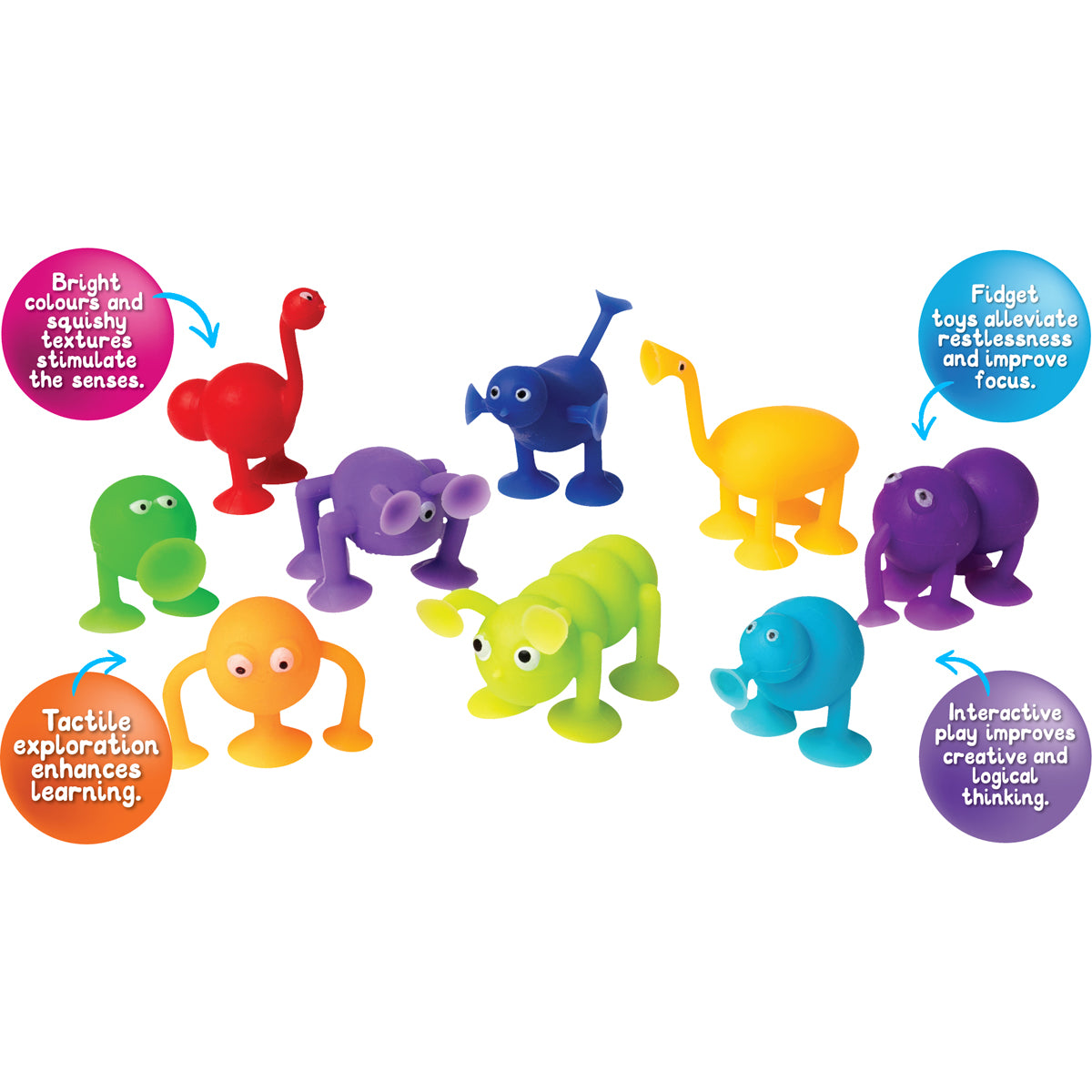 Sensory Sprouts Suction Monsters Set of 9 colourful silicone suction-cup creatures for sensory play, creative building, fine motor development and classroom learning.