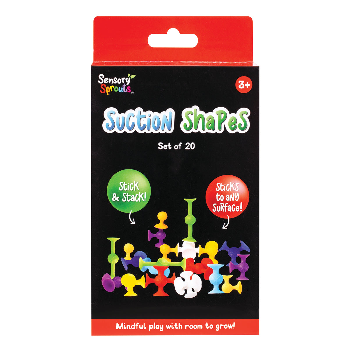 Sensory Sprouts Suction Shapes Set of 20 colourful silicone suction construction toys for sensory play, fine motor skills and creative learning.