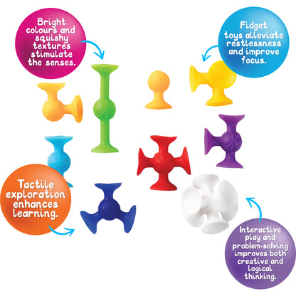 Sensory Sprouts Suction Shapes Set of 20 colourful silicone suction construction toys for sensory play, fine motor skills and creative learning.