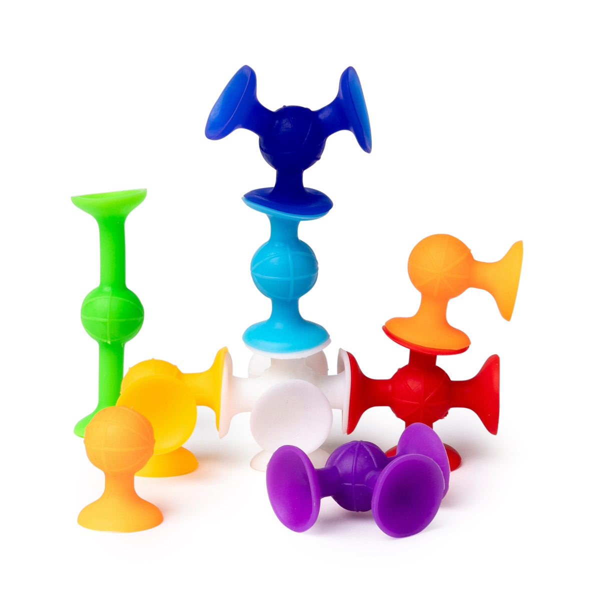Sensory Sprouts Suction Shapes Set of 20 colourful silicone suction construction toys for sensory play, fine motor skills and creative learning.