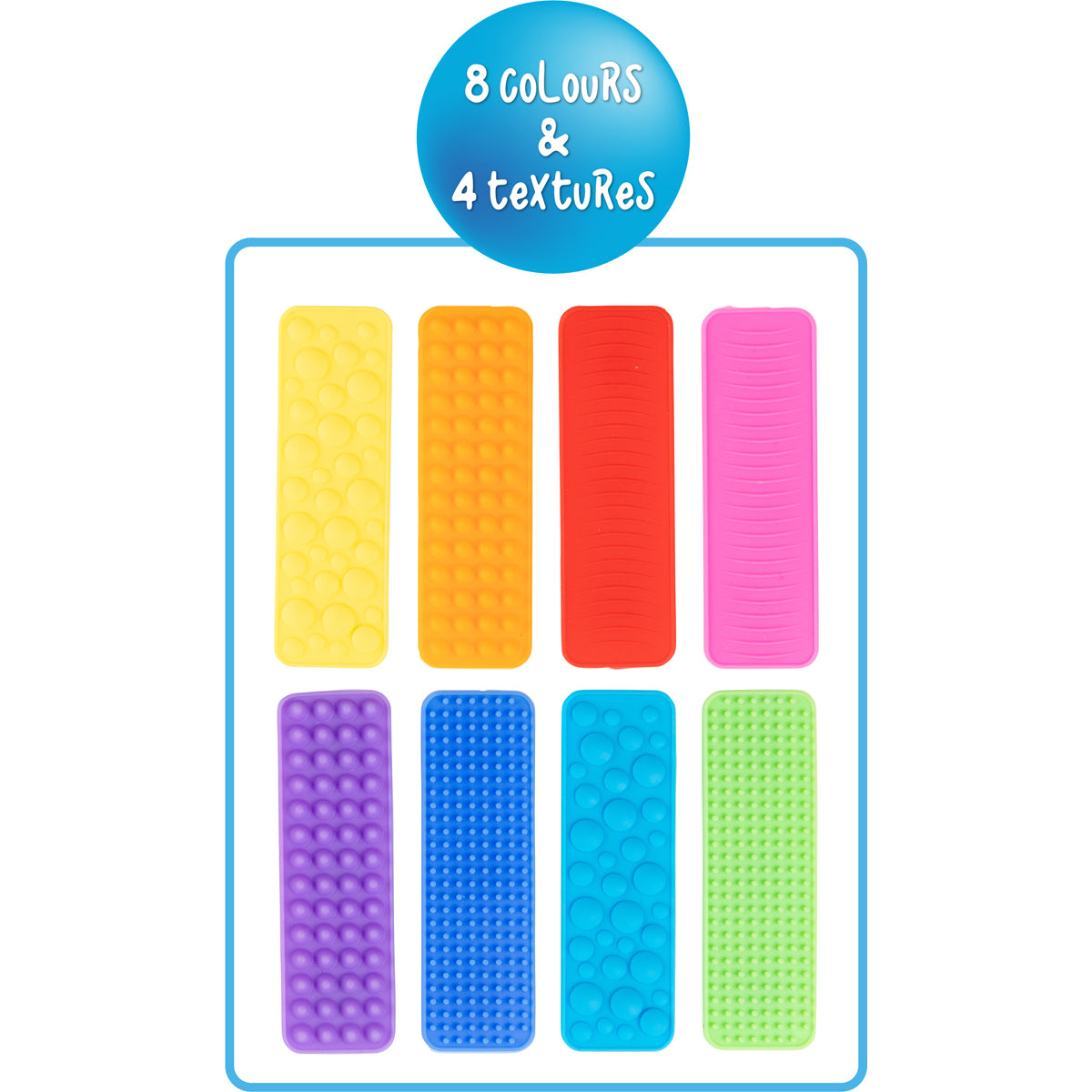 Sensory Sprouts Textured Fidget Strips Set of 8 with assorted tactile textures and suction cup backing for sensory regulation and classroom focus.