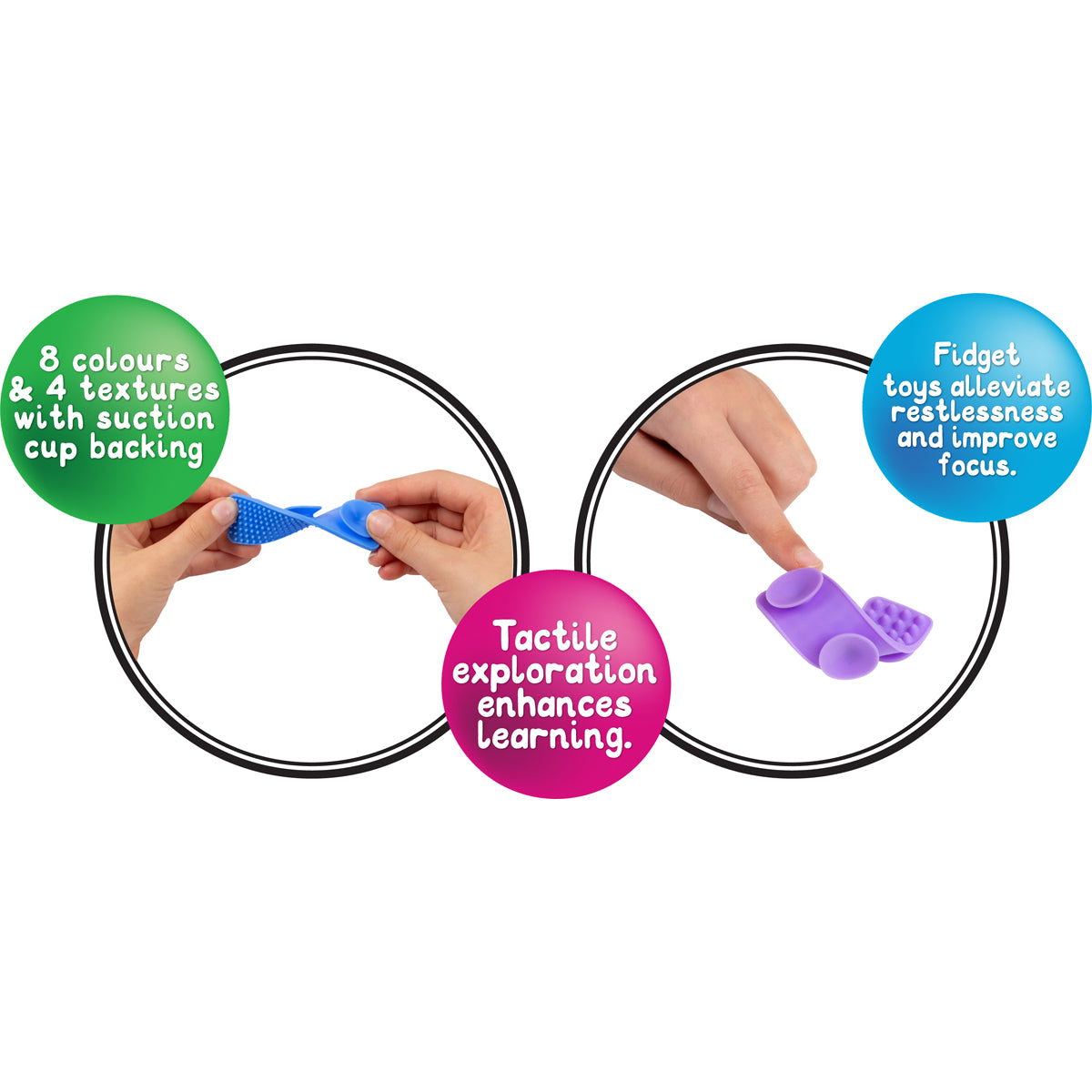Sensory Sprouts Textured Fidget Strips Set of 8 with assorted tactile textures and suction cup backing for sensory regulation and classroom focus.