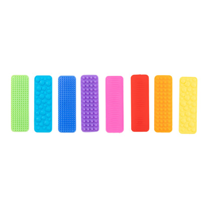 Sensory Sprouts Textured Fidget Strips Set of 8 with assorted tactile textures and suction cup backing for sensory regulation and classroom focus.