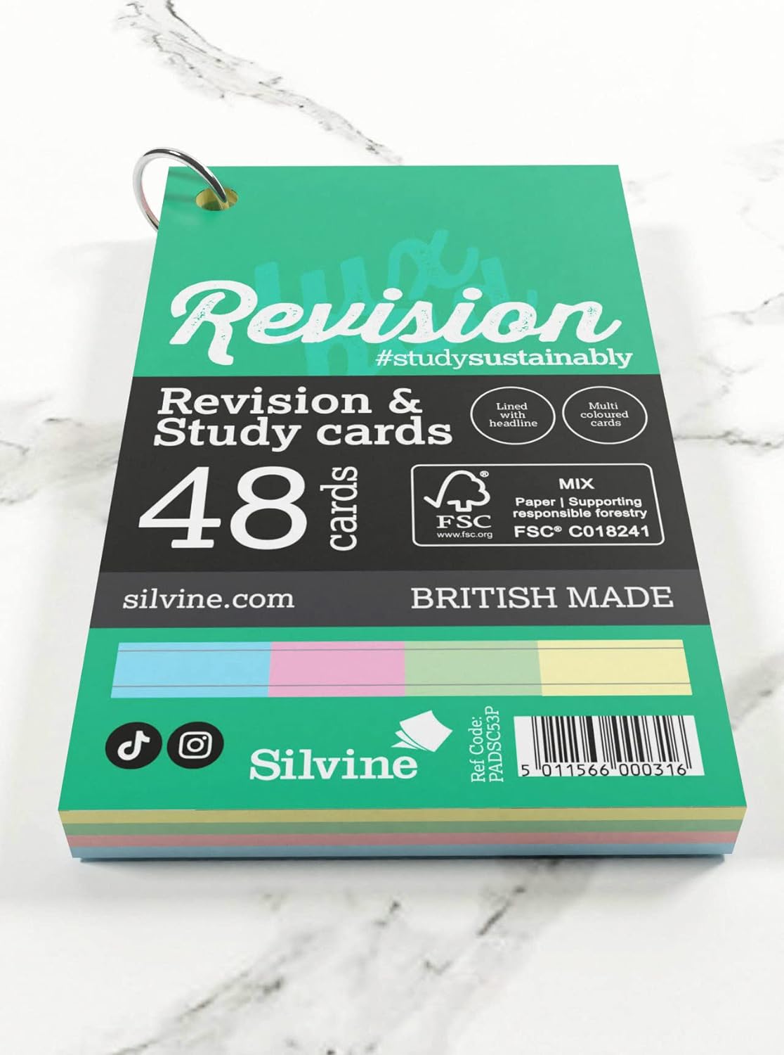 Silvine Luxpad Revision & Presentation Study Cards 5x3 Portrait Ruled Assorted with Binding Ring