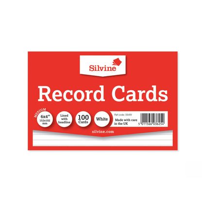 Silvine Record System Cards Ruled 152x102mm or 6x4" White Pack 100