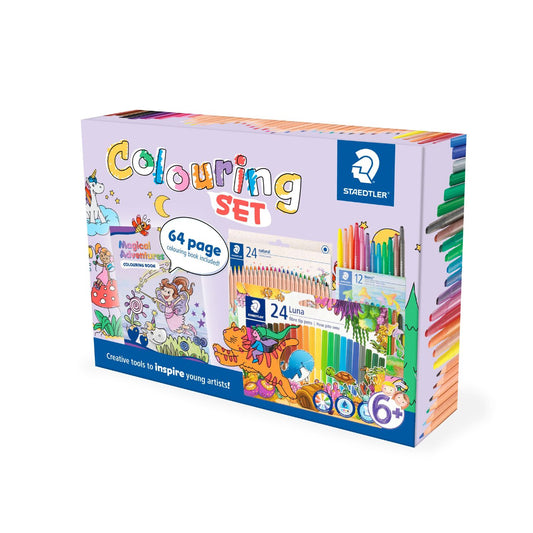 Staedtler Colouring Box Set Magical Adventures – 24 Natural Pencils, 12 Noris Wax Twister Crayons, 24 Luna Fibre-Tip Pens & 64-Page Magical Adventures Colouring Book