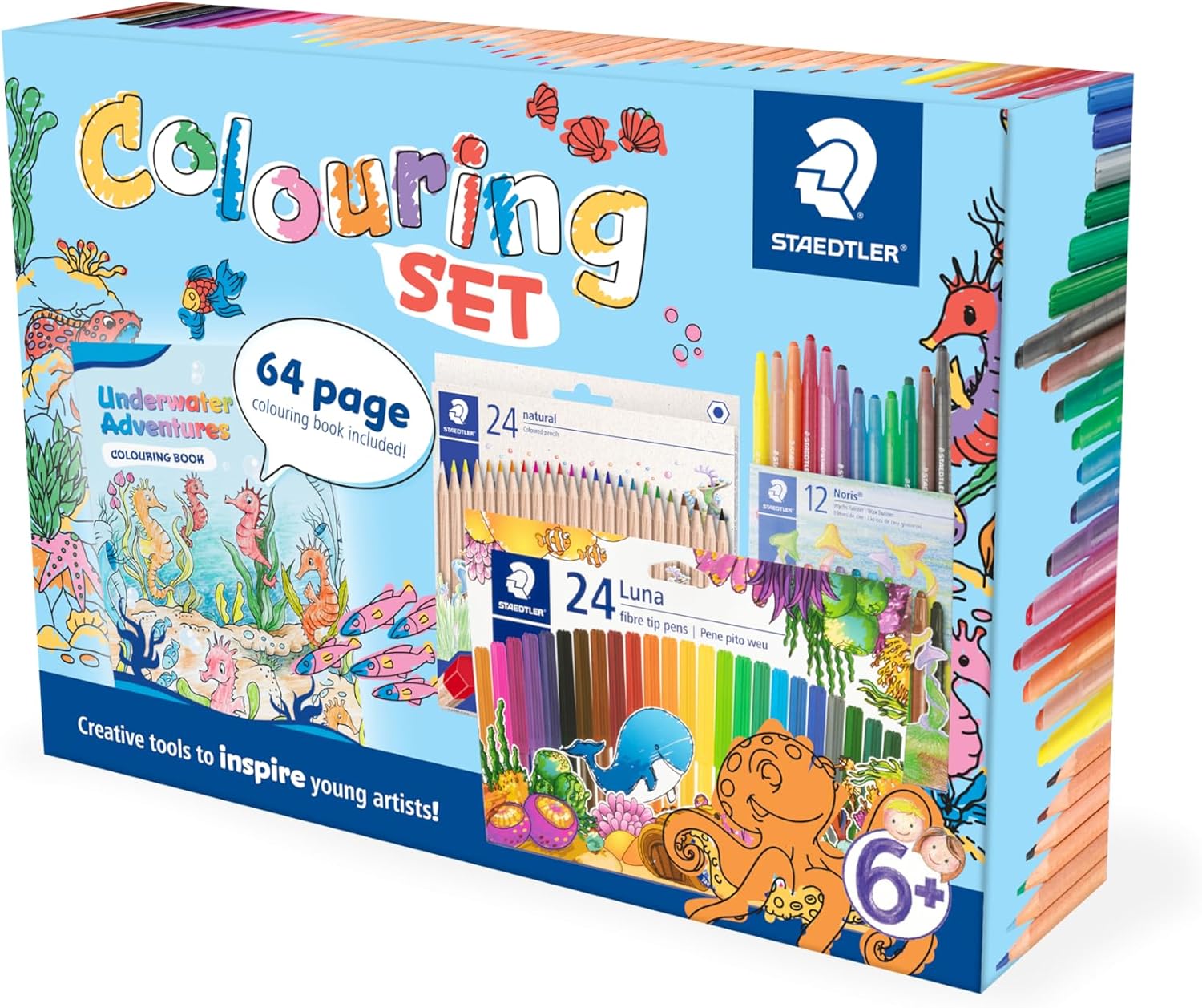 Staedtler Colouring Box Set Underwater Adventures – 24 Natural Pencils, 12 Noris Wax Twister Crayons, 24 Luna Fibre-Tip Pens & 64-Page Underwater Colouring Book